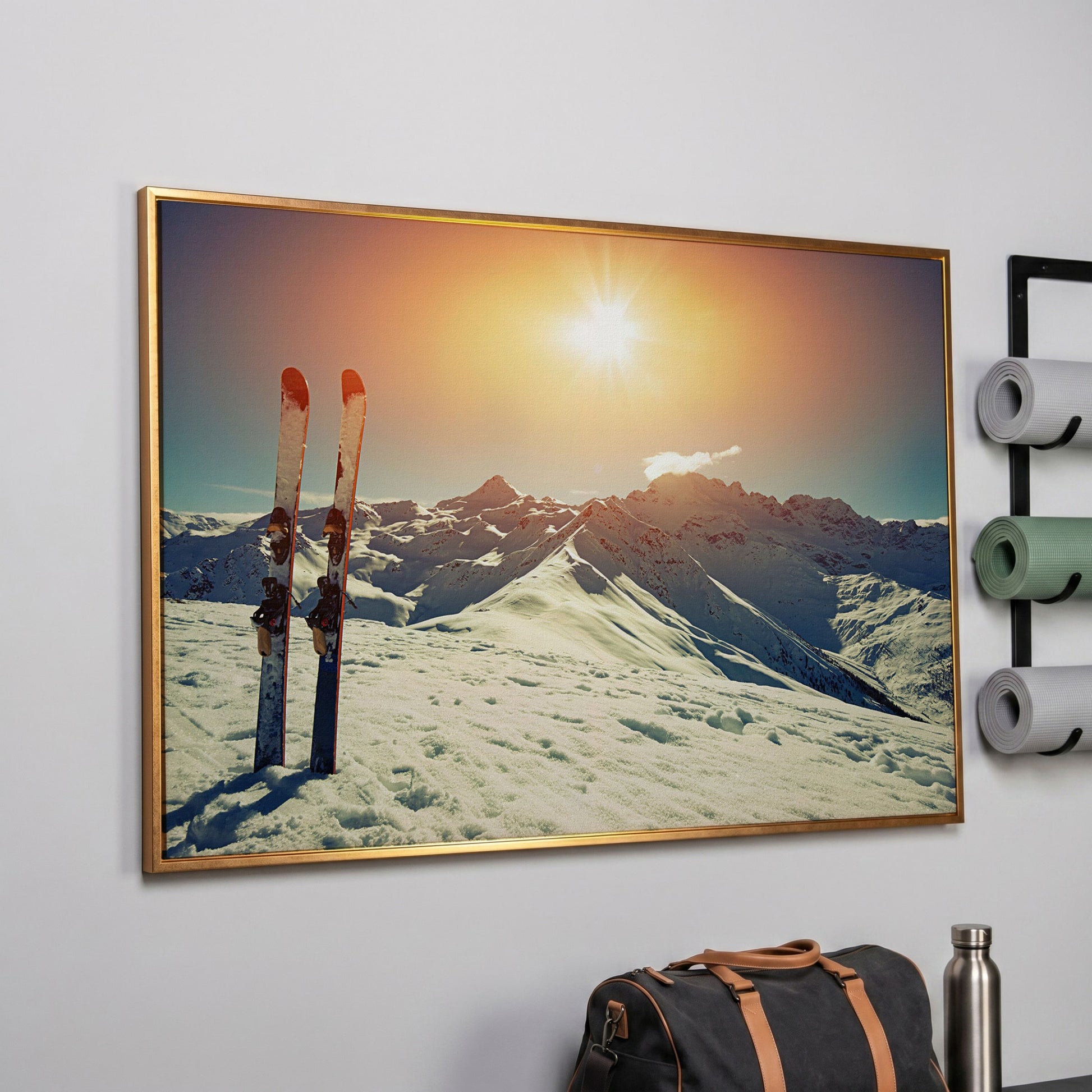 Sunny Winter Skies with Snow-Capped Mountains Canvas in rose gold floating frame