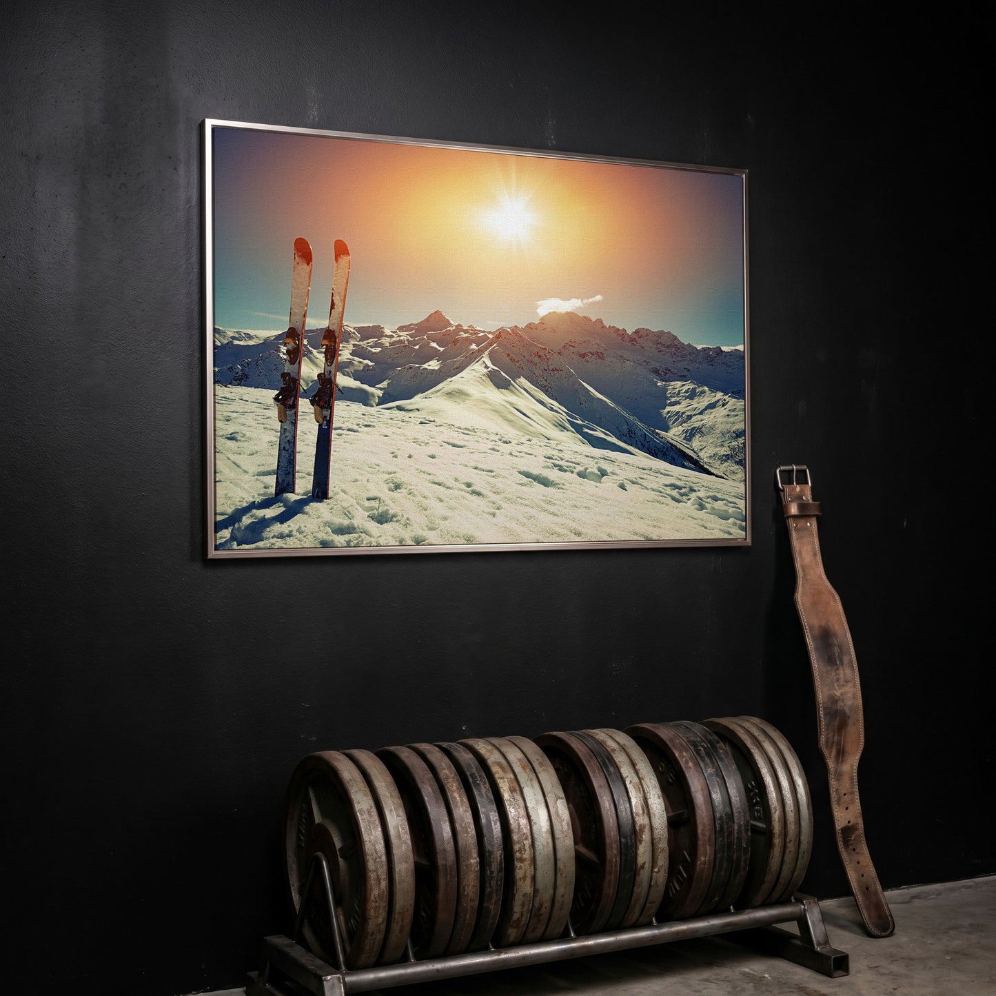 Sunny Winter Skies with Snow-Capped Mountains Canvas in silver floating frame