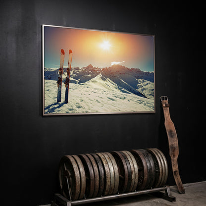 Sunny Winter Skies with Snow-Capped Mountains Canvas in silver floating frame