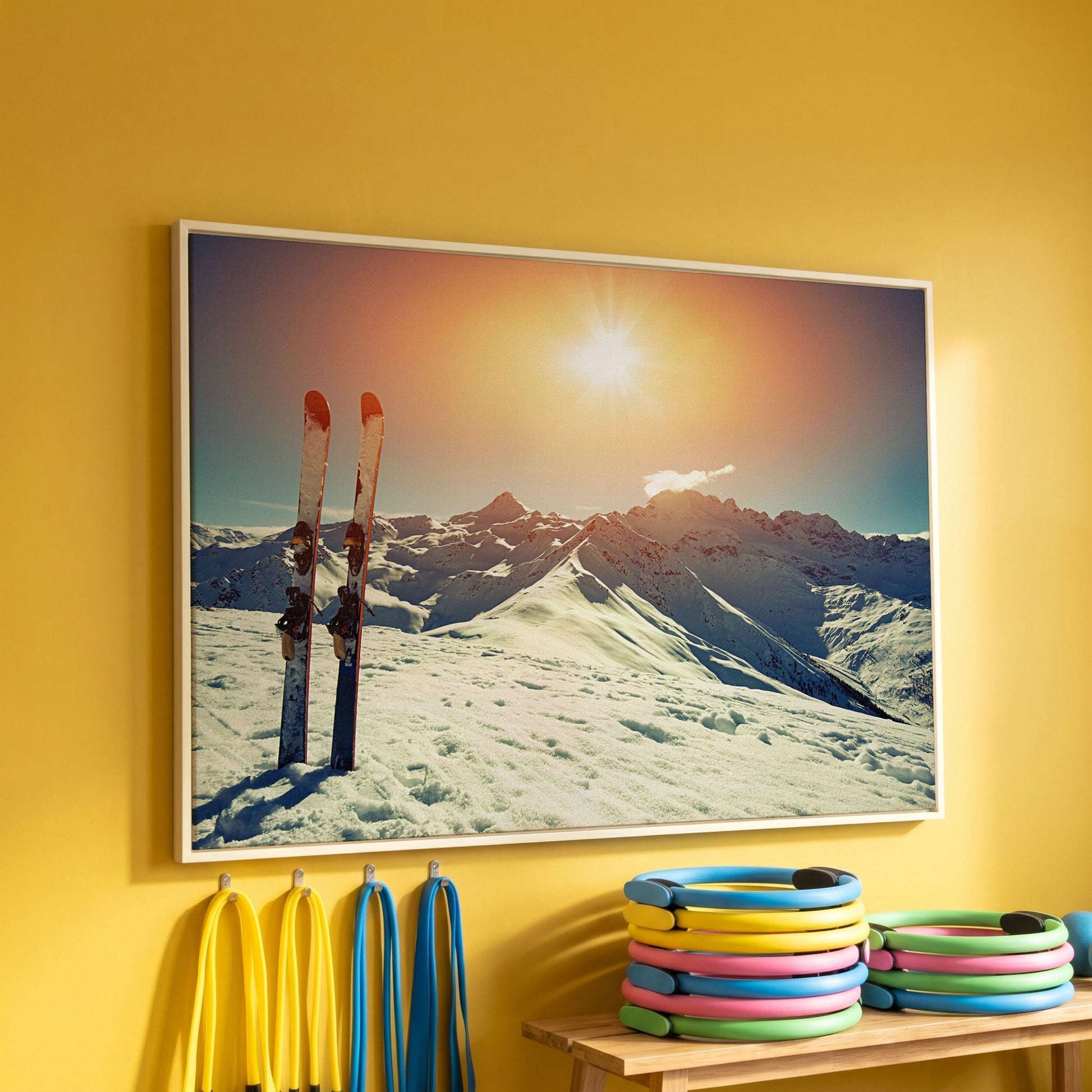 Sunny Winter Skies with Snow-Capped Mountains Canvas in white floating frame