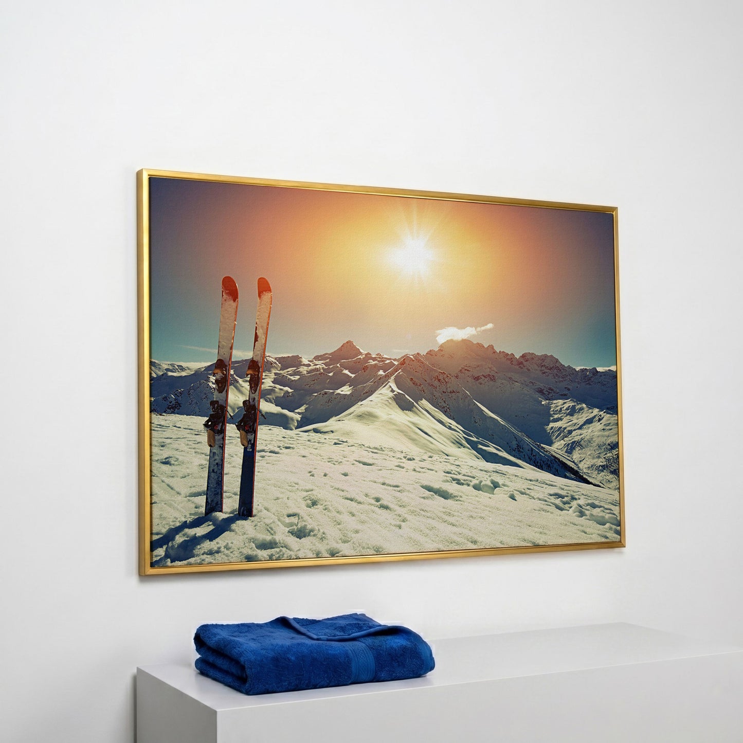 Sunny Winter Skies with Snow-Capped Mountains Canvas in yellow gold floating frame