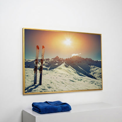 Sunny Winter Skies with Snow-Capped Mountains Canvas in yellow gold floating frame