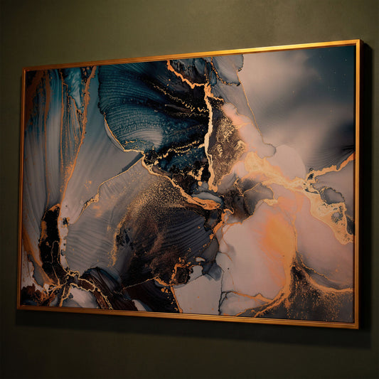 Abstract Marble Fluid Art Canvas with Gold Veins shown in antique gold floating frame