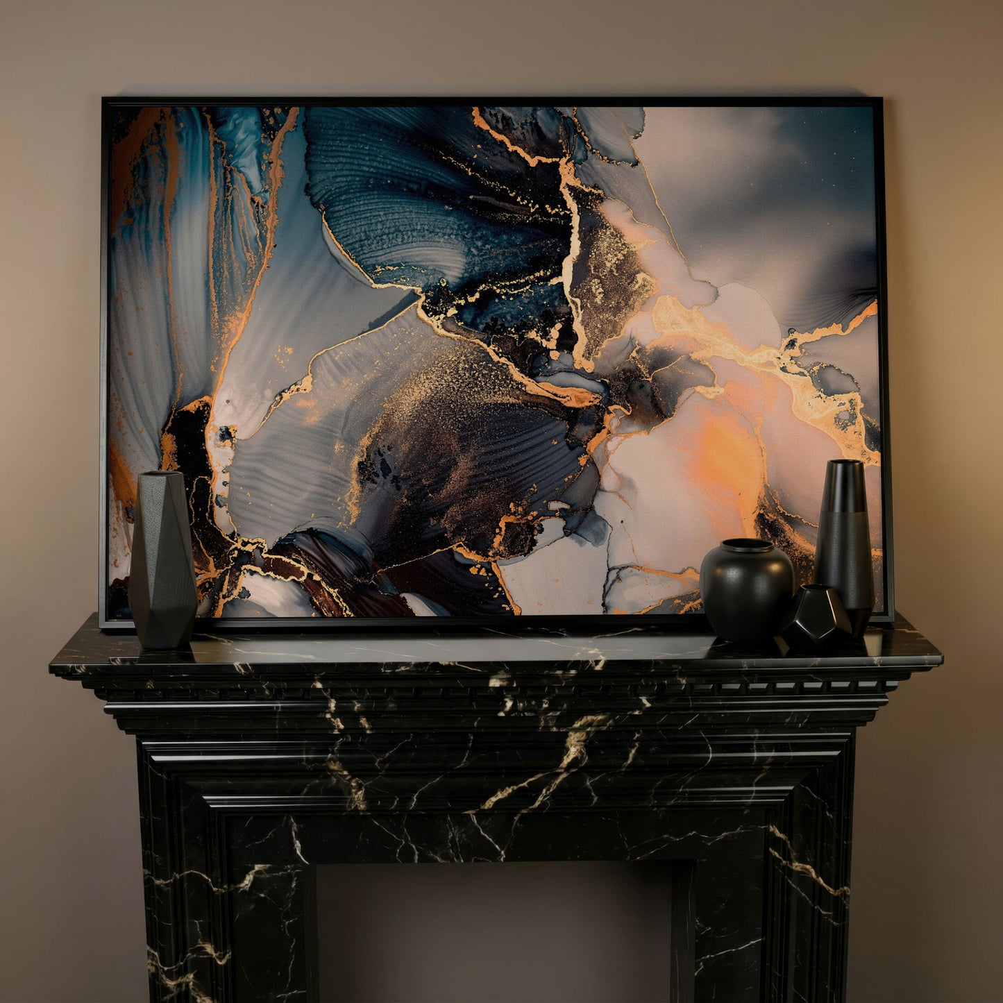 Abstract Marble Fluid Art Canvas with Gold Veins in black floating frame