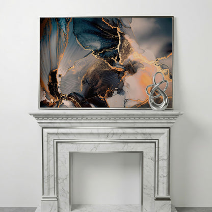 Abstract Marble Fluid Art Canvas with Gold Veins in silver floating frame