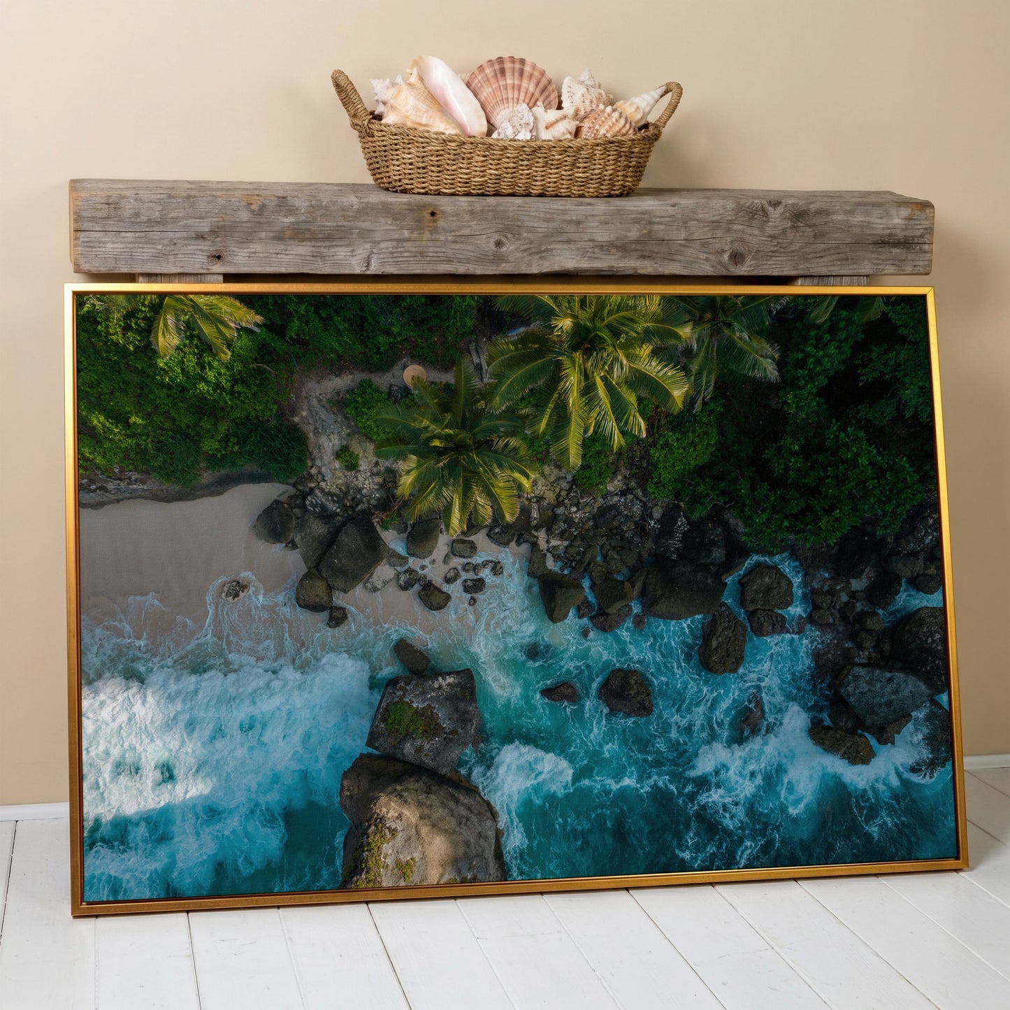 Indian Ocean Rocky Beach Panoramic Canvas in antique gold floating frame
