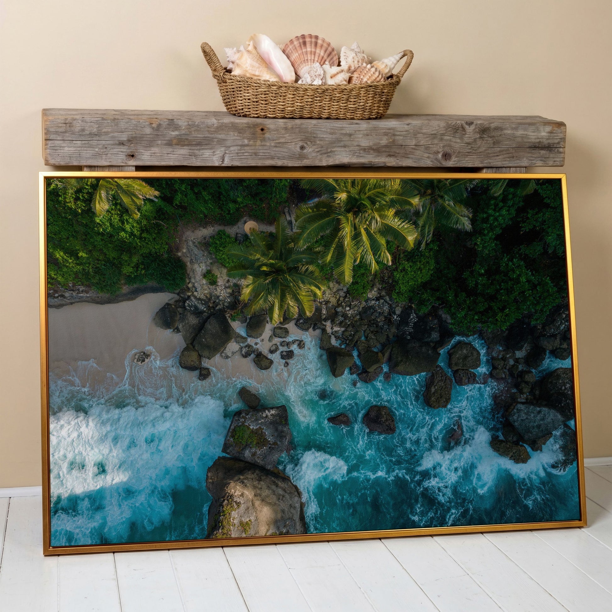 Indian Ocean Rocky Beach Panoramic Canvas in antique gold floating frame