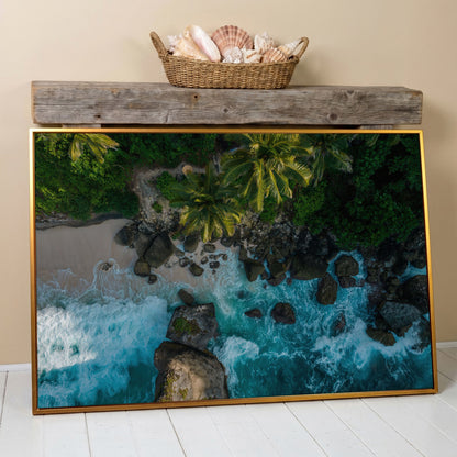 Indian Ocean Rocky Beach Panoramic Canvas in antique gold floating frame