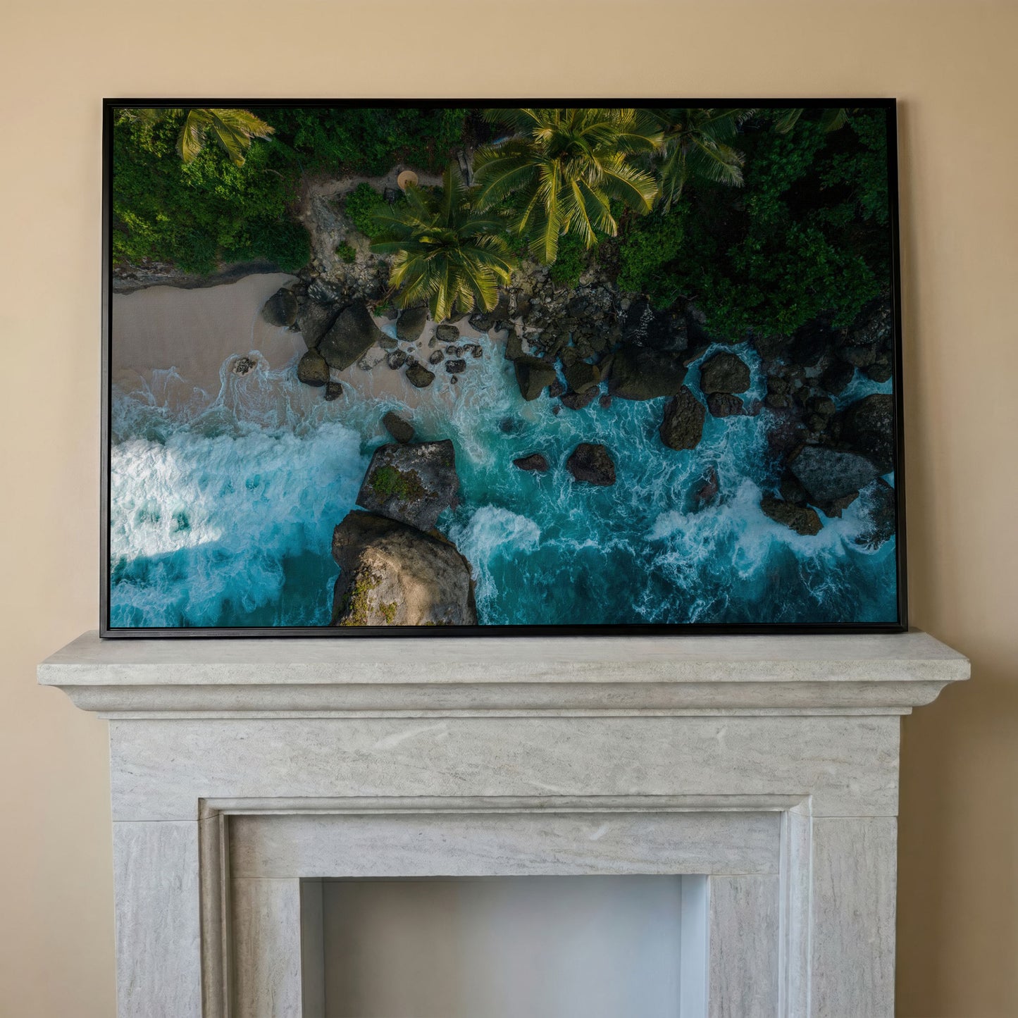 Indian Ocean Rocky Beach Panoramic Canvas in black floating frame