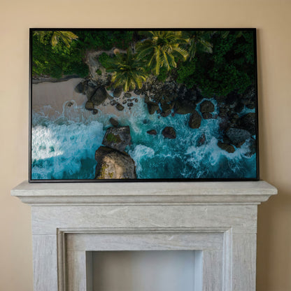 Indian Ocean Rocky Beach Panoramic Canvas in black floating frame