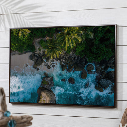 Indian Ocean Rocky Beach Panoramic Canvas in dark walnut floating frame