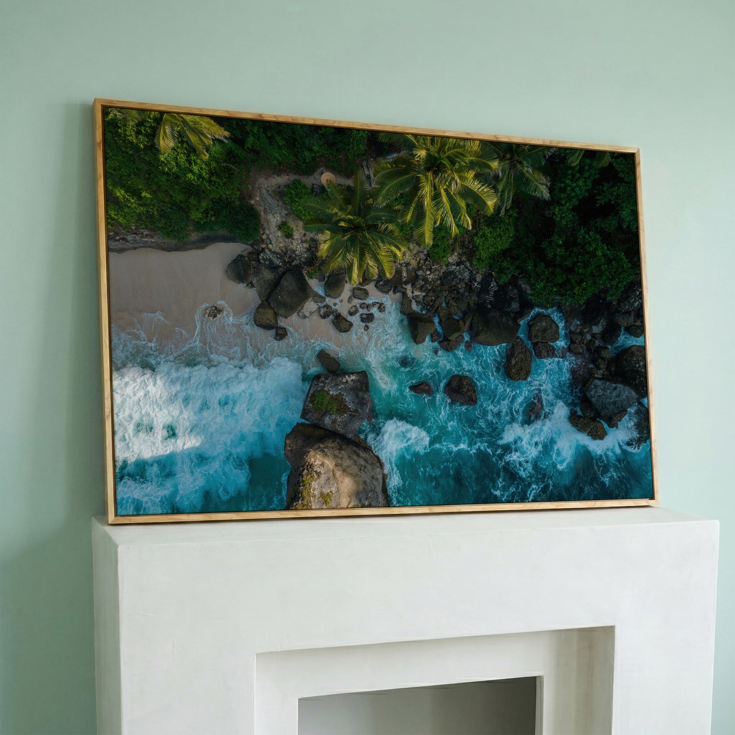 Indian Ocean Rocky Beach Panoramic Canvas in white oak floating frame