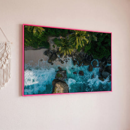 Indian Ocean Rocky Beach Panoramic Canvas in pink floating frame