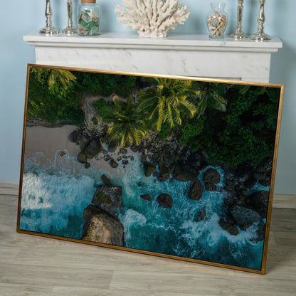 Indian Ocean Rocky Beach Panoramic Canvas in rose gold floating frame