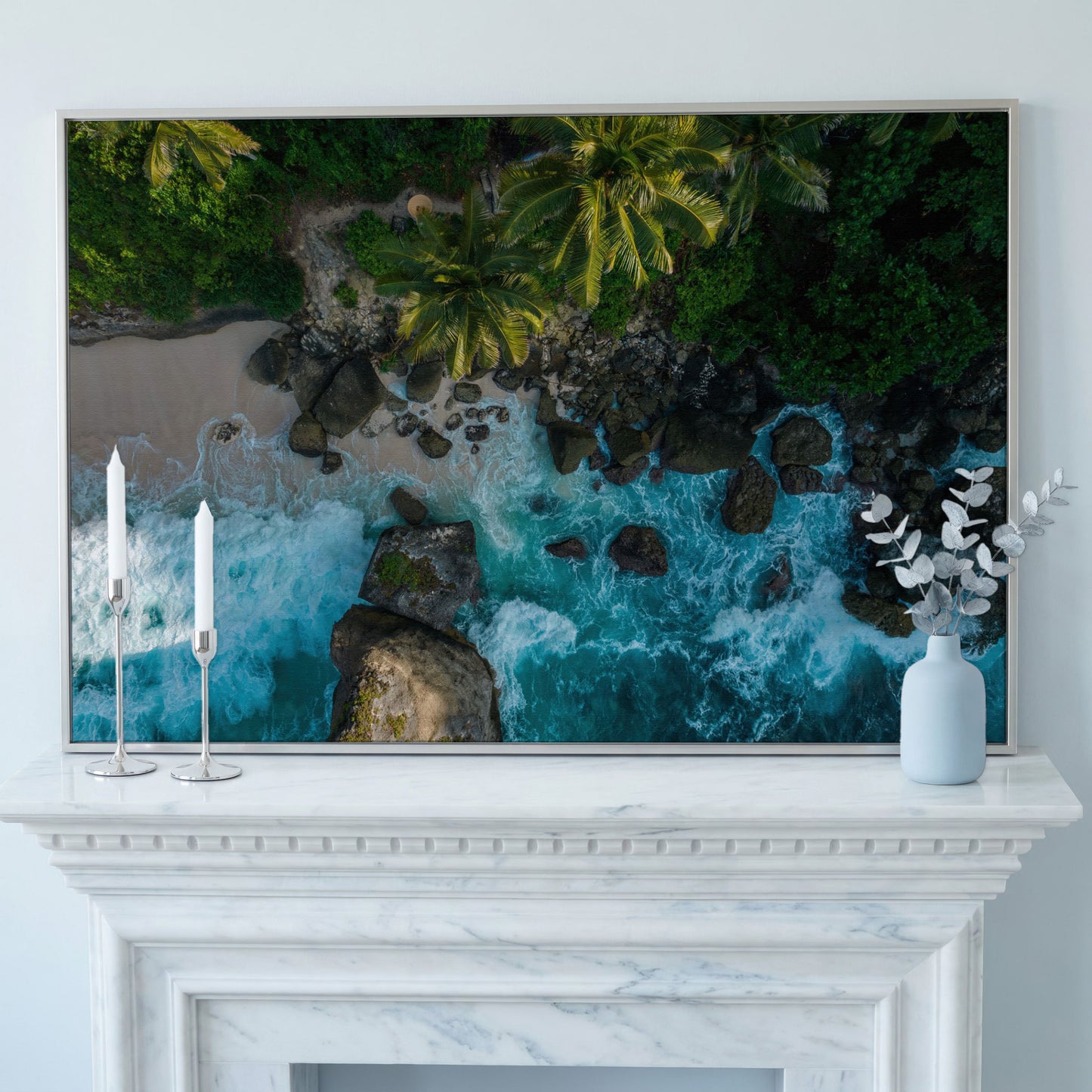 Indian Ocean Rocky Beach Panoramic Canvas in silver floating frame