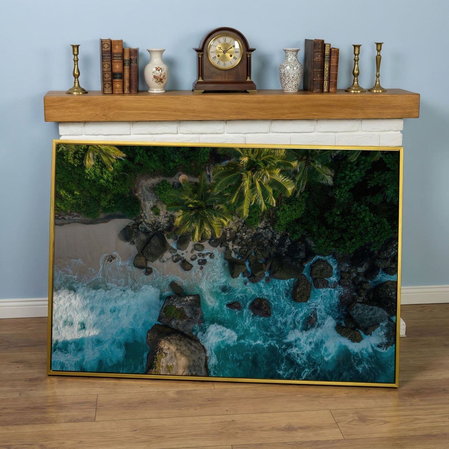 Indian Ocean Rocky Beach Panoramic Canvas in yellow gold floating frame