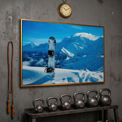 Alpine Snowboard in Deep Snow Canvas Print in antique gold floating frame