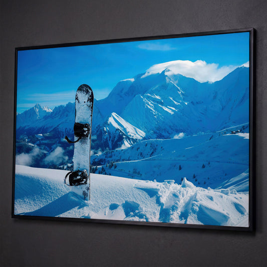 Alpine Snowboard in Deep Snow Canvas Print shown in black floating frame
