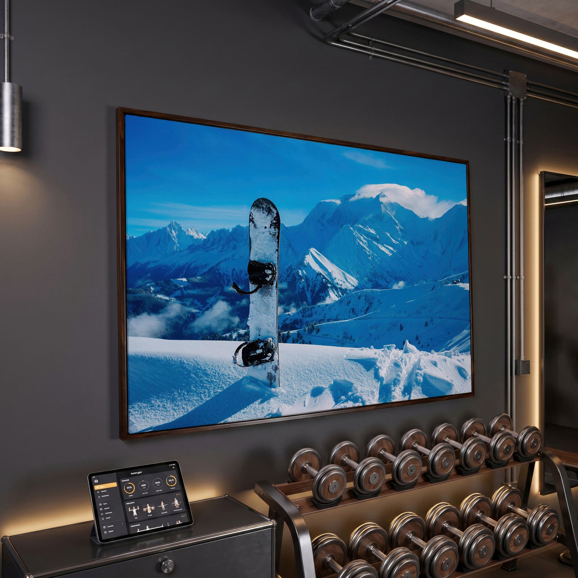 Alpine Snowboard in Deep Snow Canvas Print in dark walnut floating frame