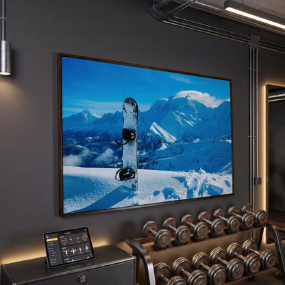 Alpine Snowboard in Deep Snow Canvas Print in dark walnut floating frame