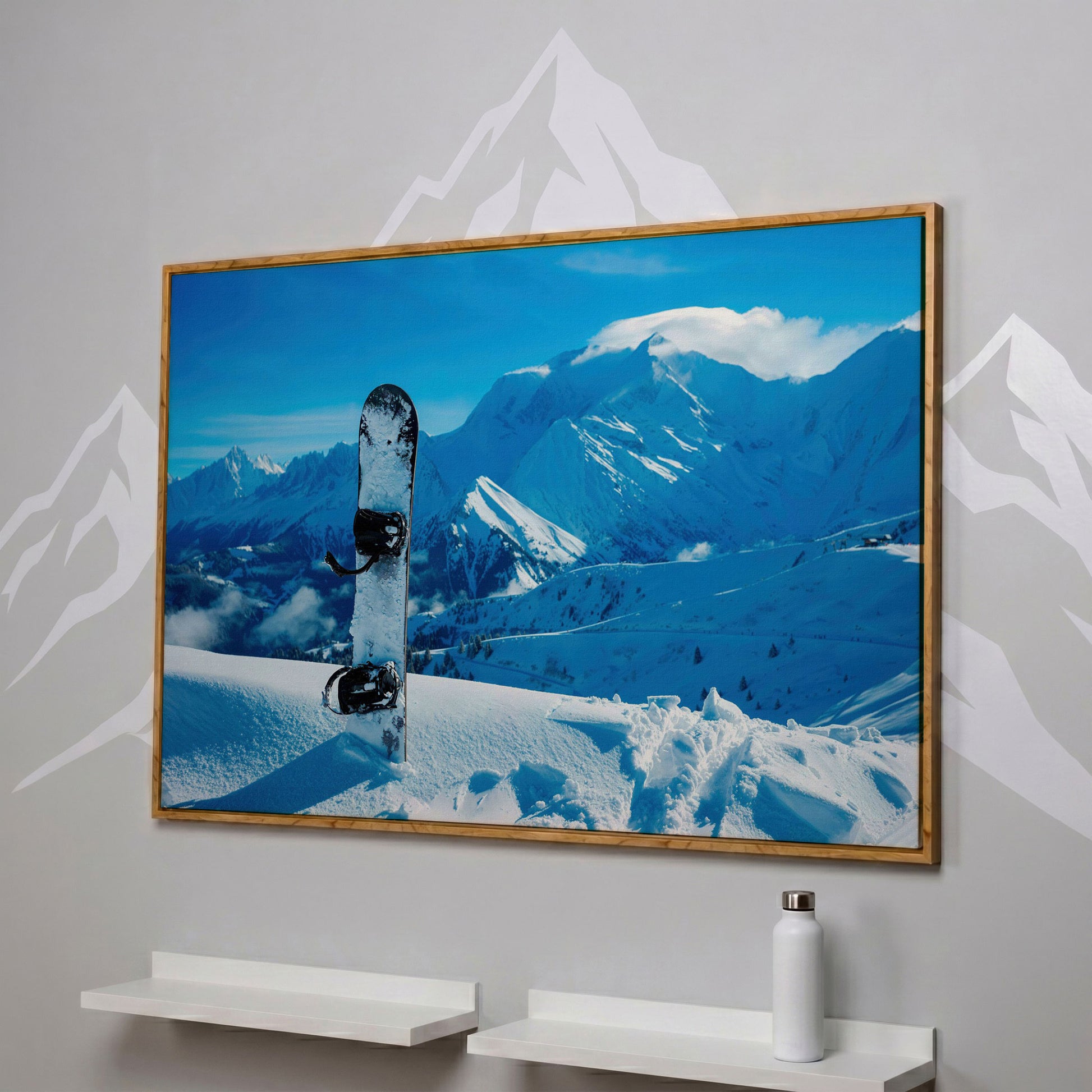 Alpine Snowboard in Deep Snow Canvas Print in white oak floating frame
