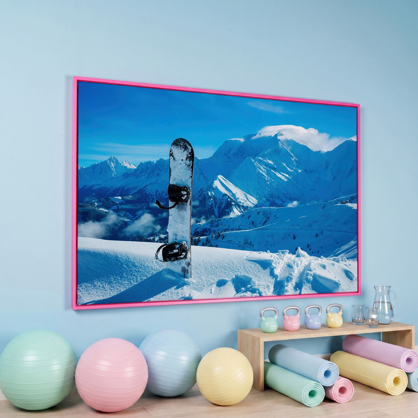 Alpine Snowboard in Deep Snow Canvas Print in pink floating frame