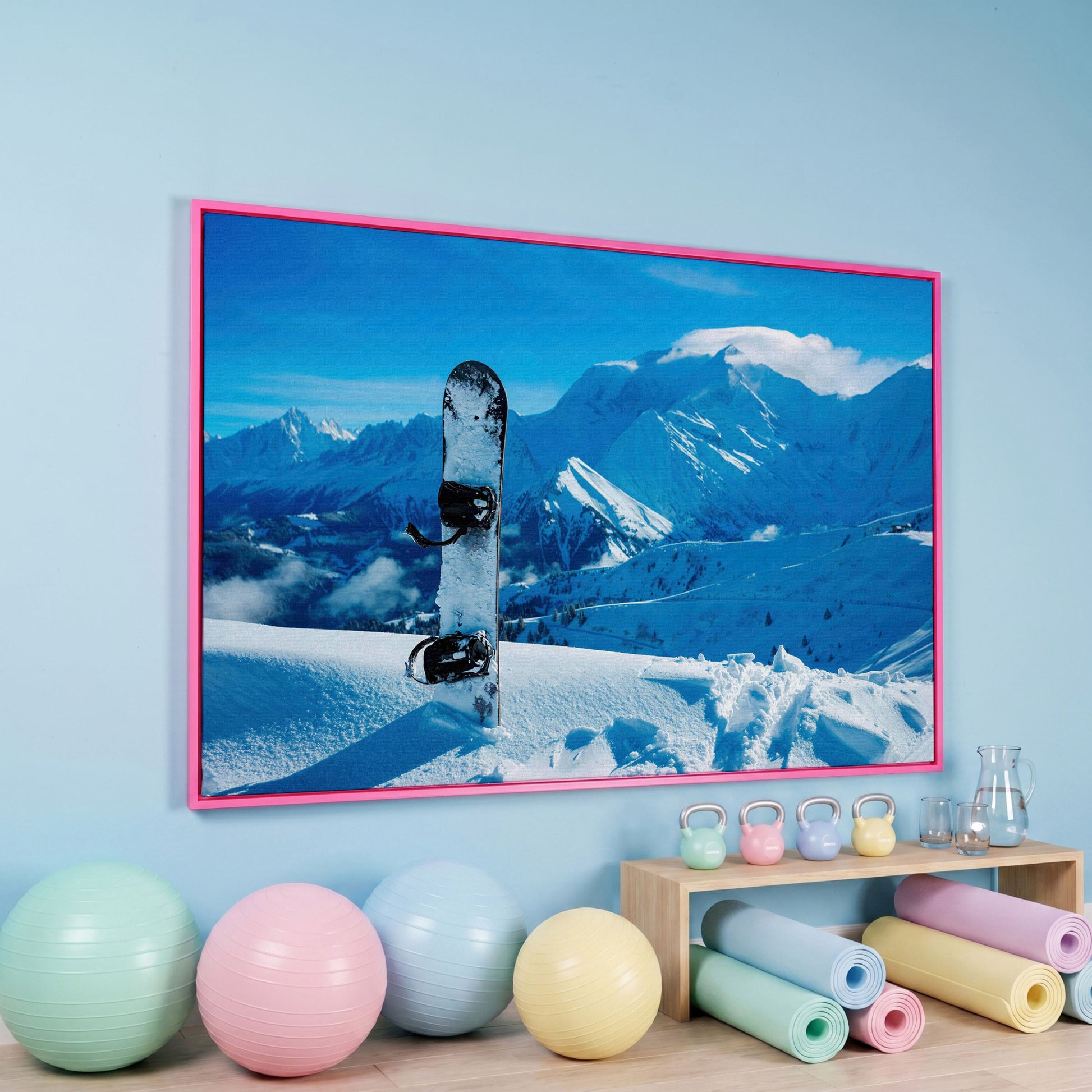 Alpine Snowboard in Deep Snow Canvas Print in pink floating frame
