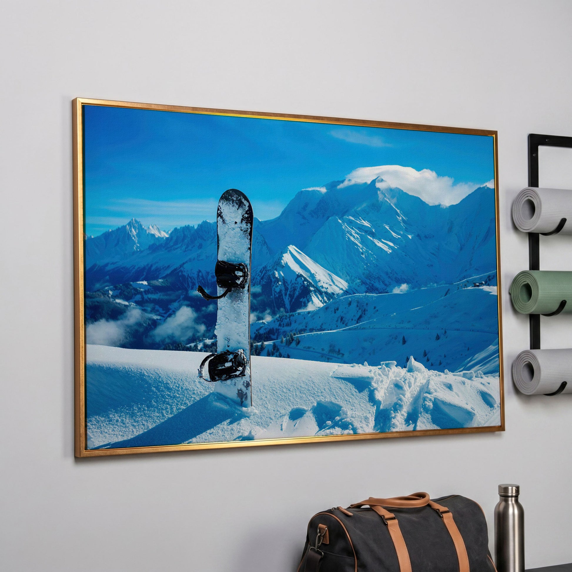 Alpine Snowboard in Deep Snow Canvas Print in rose gold floating frame