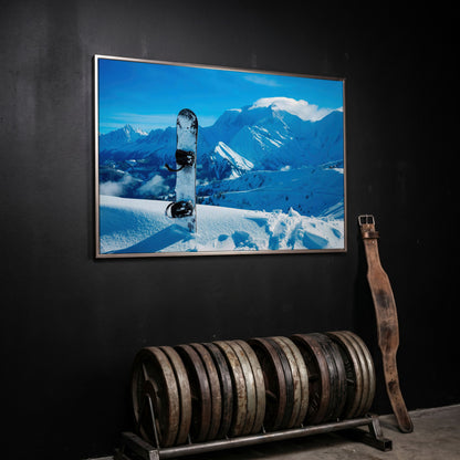 Alpine Snowboard in Deep Snow Canvas Print in silver floating frame