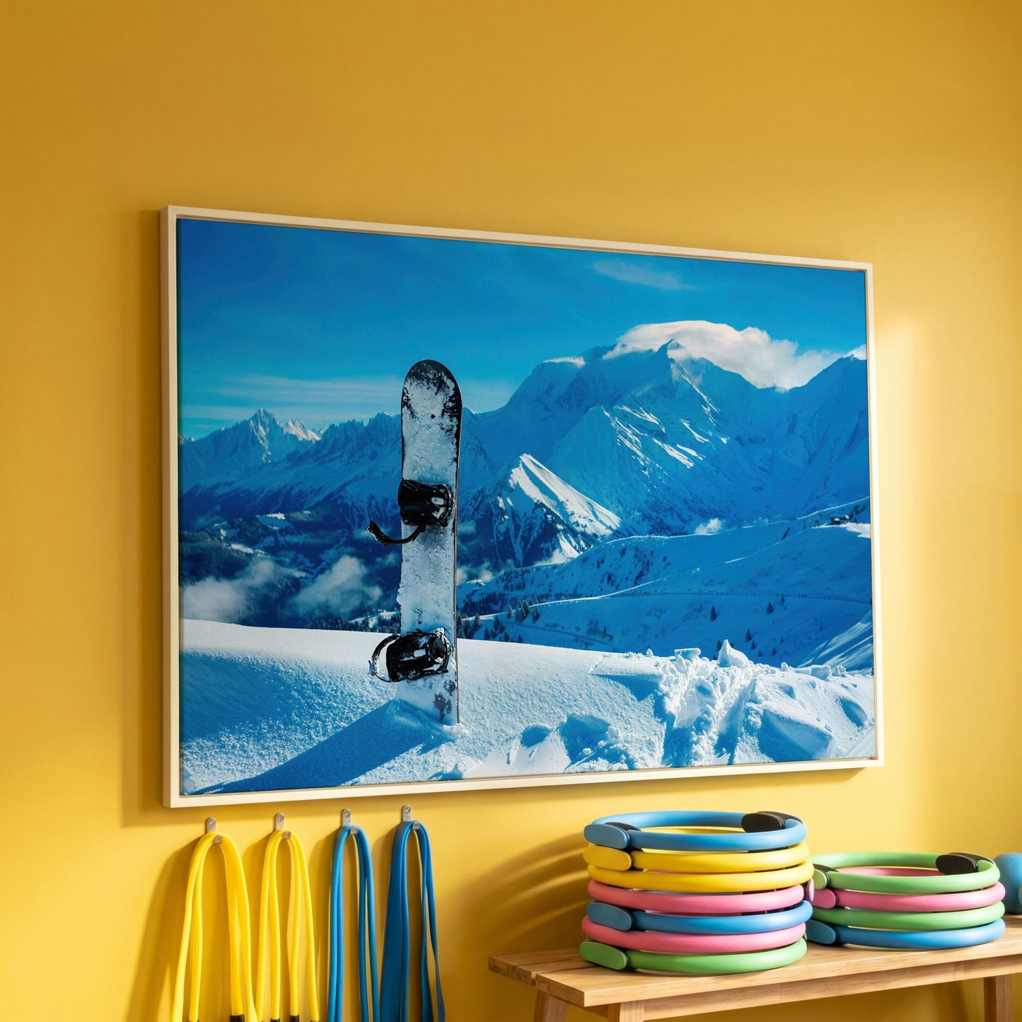 Alpine Snowboard in Deep Snow Canvas Print in white floating frame
