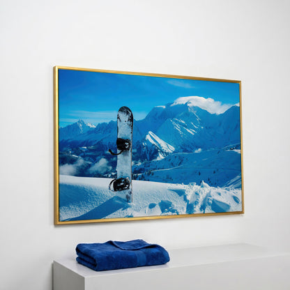 Alpine Snowboard in Deep Snow Canvas Print in yellow gold floating frame