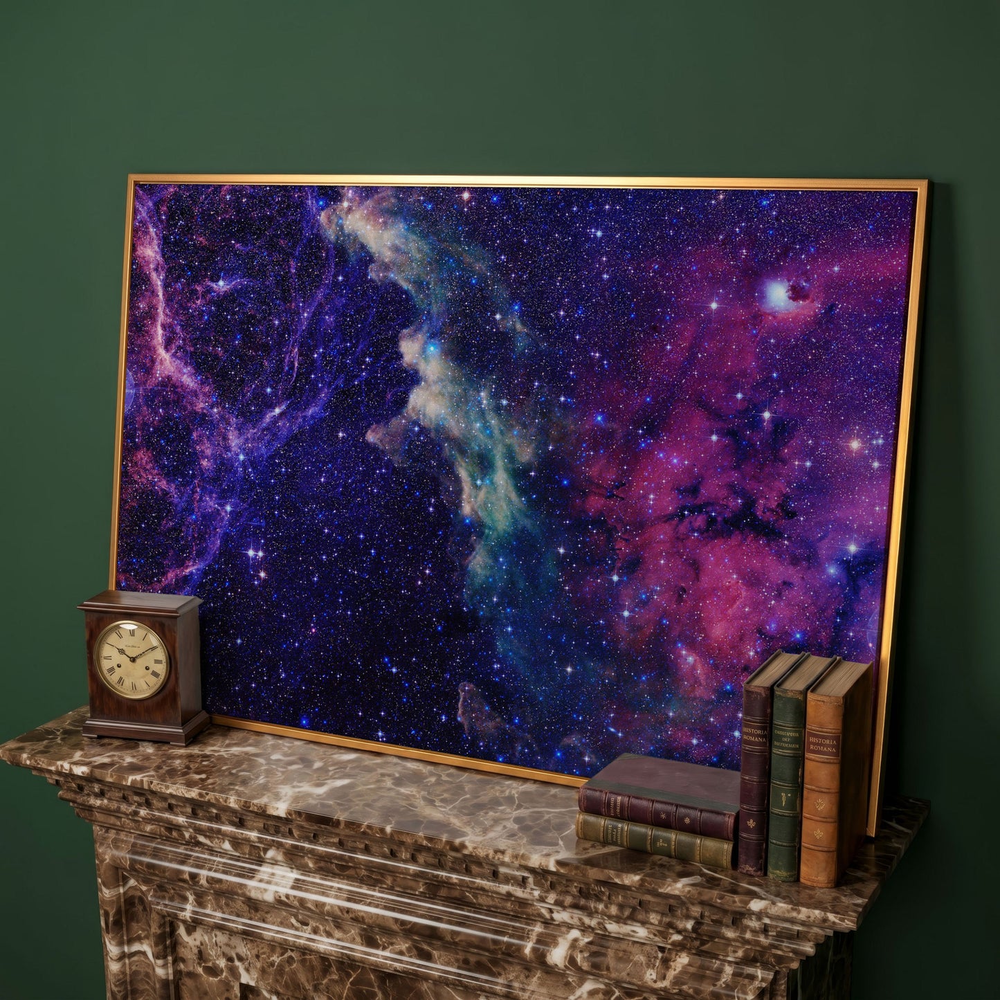 Cosmic Galaxies Canvas Print with Violet Nebula in antique gold floating frame