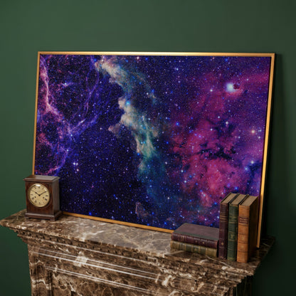 Cosmic Galaxies Canvas Print with Violet Nebula in antique gold floating frame