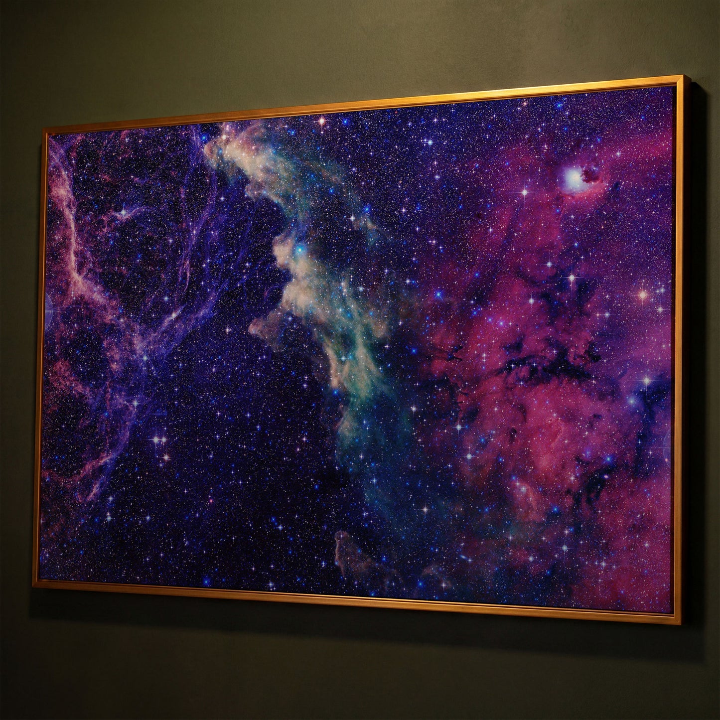 Cosmic Galaxies Canvas Print with Violet Nebula shown in antique gold floating frame
