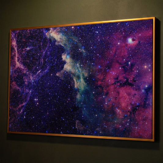 Cosmic Galaxies Canvas Print with Violet Nebula shown in antique gold floating frame