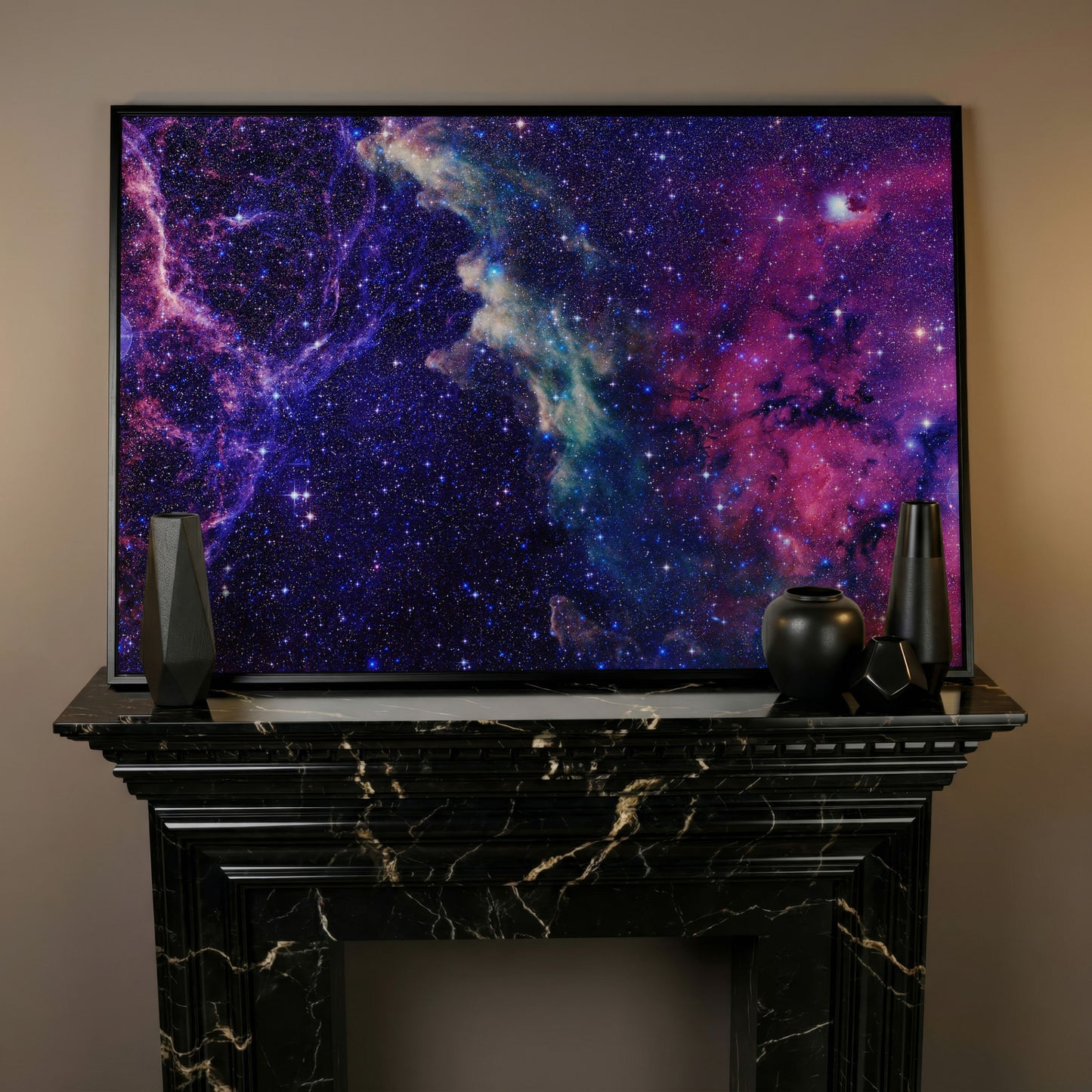 Cosmic Galaxies Canvas Print with Violet Nebula in black floating frame