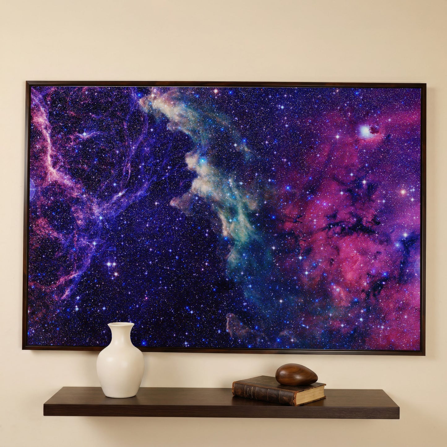 Cosmic Galaxies Canvas Print with Violet Nebula in dark walnut floating frame