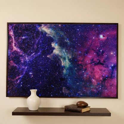 Cosmic Galaxies Canvas Print with Violet Nebula in dark walnut floating frame