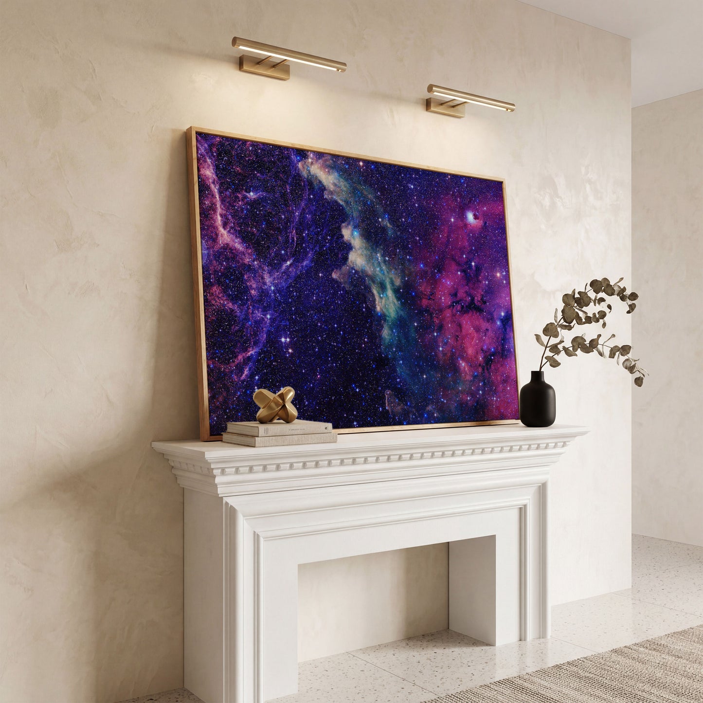 Cosmic Galaxies Canvas Print with Violet Nebula in white oak floating frame