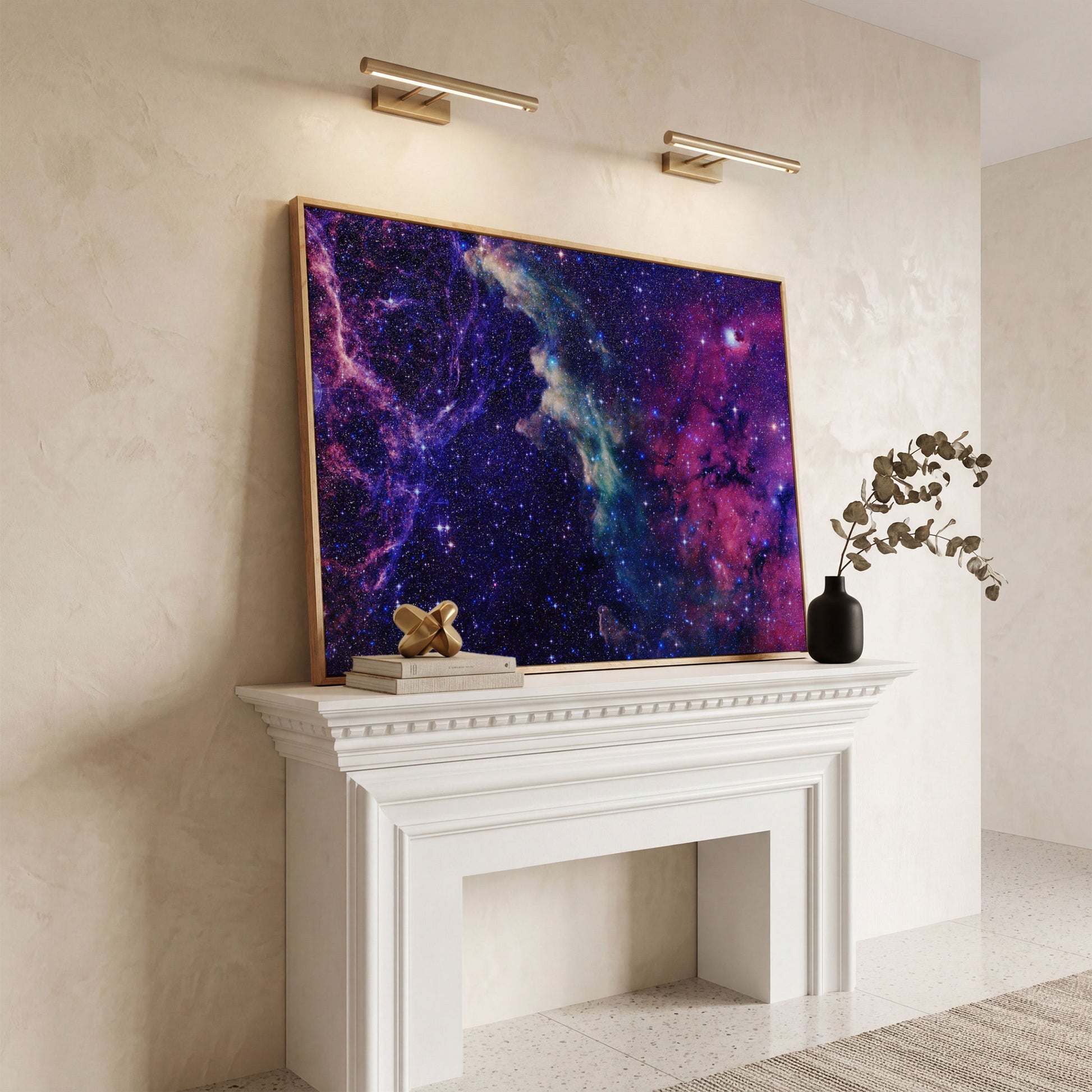 Cosmic Galaxies Canvas Print with Violet Nebula in white oak floating frame