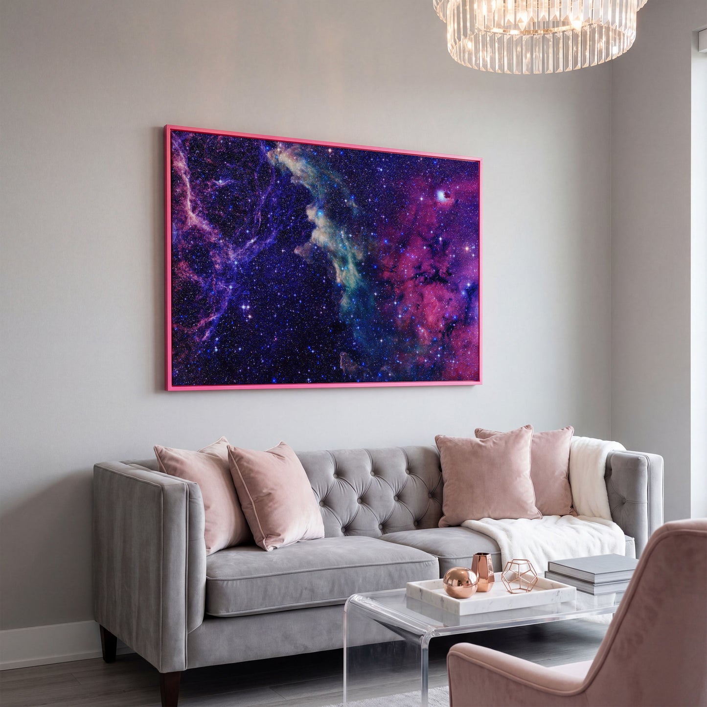 Cosmic Galaxies Canvas Print with Violet Nebula in pink floating frame