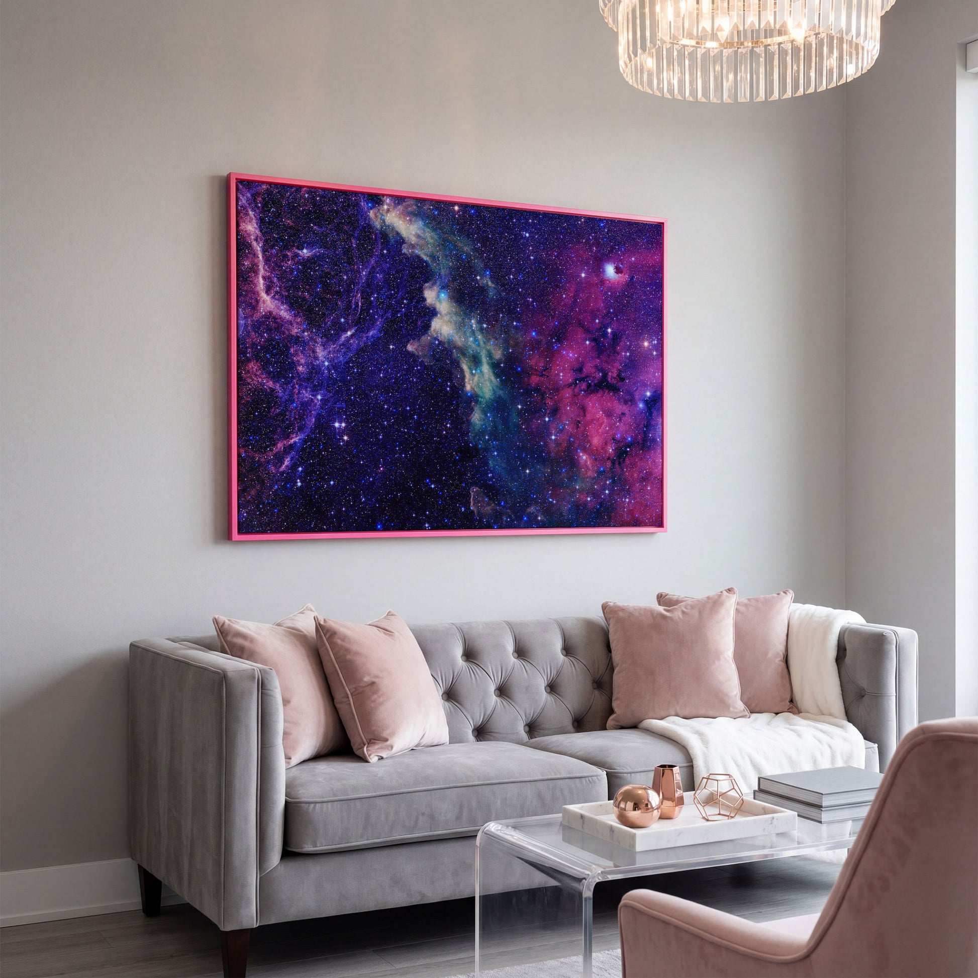 Cosmic Galaxies Canvas Print with Violet Nebula in pink floating frame