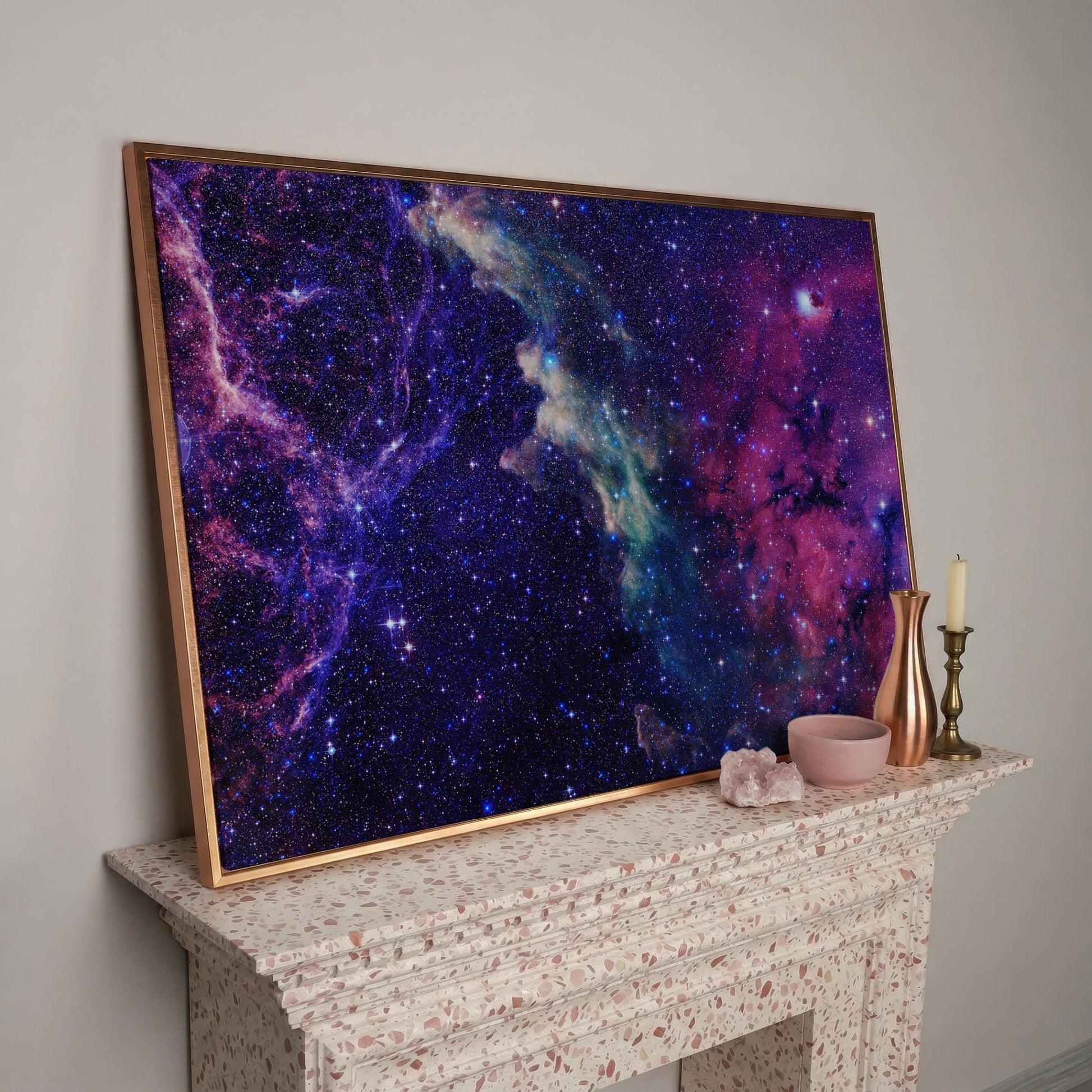 Cosmic Galaxies Canvas Print with Violet Nebula in rose gold floating frame