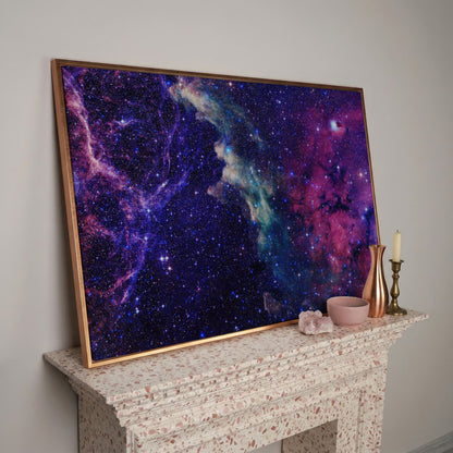 Cosmic Galaxies Canvas Print with Violet Nebula in rose gold floating frame