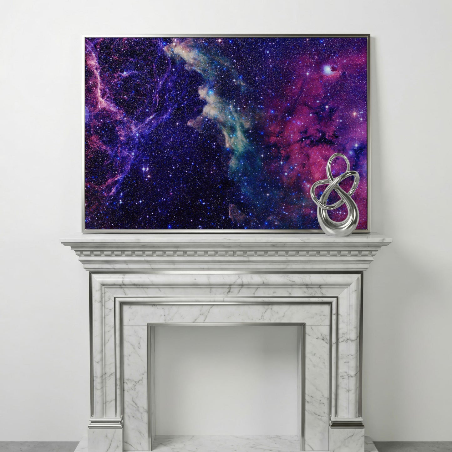 Cosmic Galaxies Canvas Print with Violet Nebula in silver floating frame