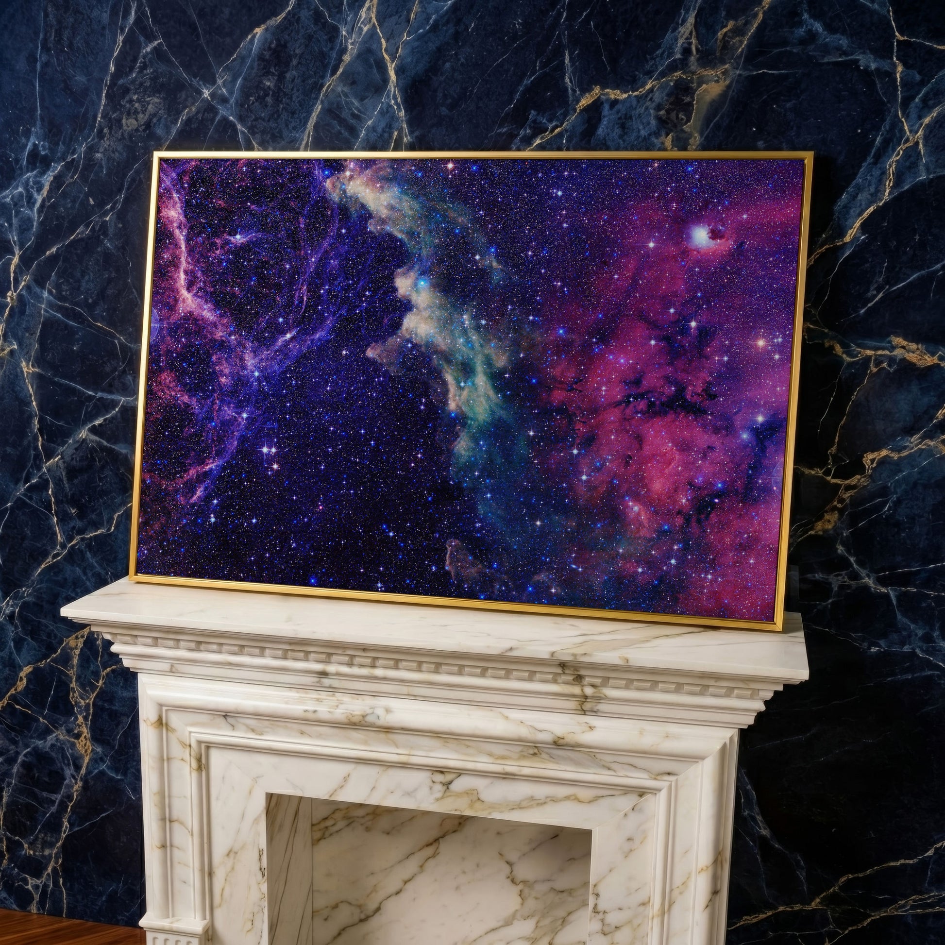 Cosmic Galaxies Canvas Print with Violet Nebula in yellow gold floating frame