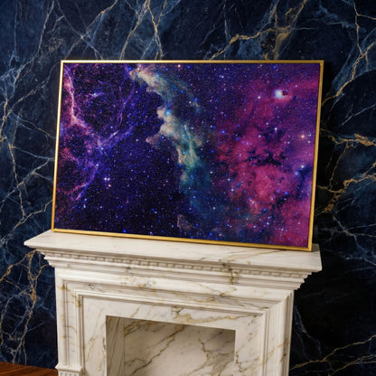 Cosmic Galaxies Canvas Print with Violet Nebula in yellow gold floating frame