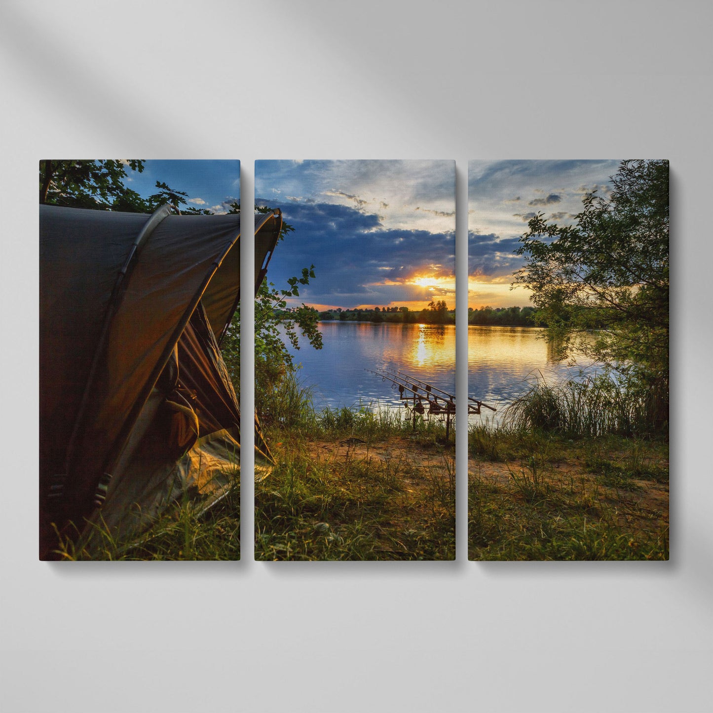 Lake Sunset with Fishing Tent Canvas as 3-panel split version