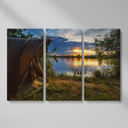 Lake Sunset with Fishing Tent Canvas as 3-panel split version