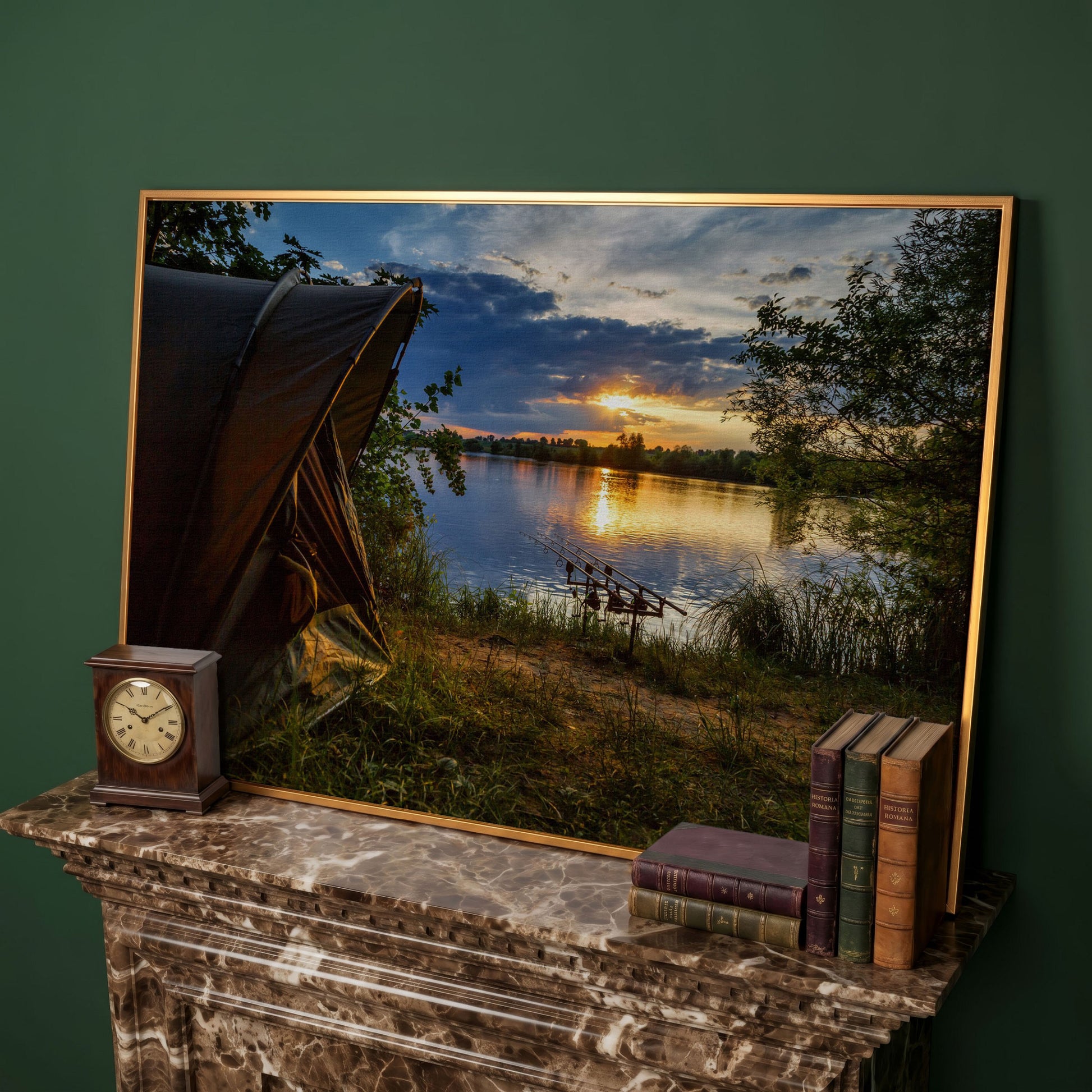 Lake Sunset with Fishing Tent Canvas in antique gold floating frame